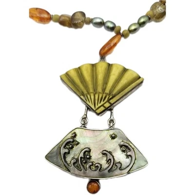 Janice Lee Ripley Sterling Silver Amber Yak Bone Pearl Pendant Necklace 20" - Image 1 of 4