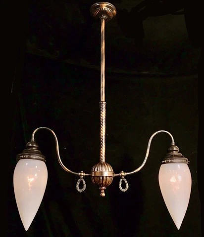 Antique Japanned Copper Flash Gas Light Ceiling Fixture Opalescent Bullet Shades Cover