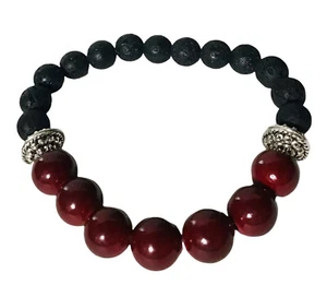 Stone bracelet Red Quartzite Blk Lava Stone Silver Calms Anxiety Heals Peace New - Picture 1 of 2