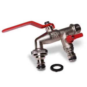 Doppel-Wasserhahn mit Kupplungss. 1/2 Zoll (Auslaufkugelhahn, Zwei-Wege, 2in1) - Bild 1 von 8