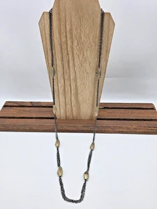 Chico’s Layered Gunmetal Rolo Cable Chain Necklace 40" Textured Gold Beads - Picture 1 of 10