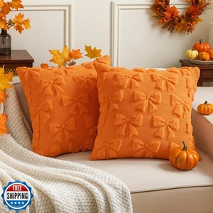 Mixweer Bow Pillow Covers Set of 2 Coquette Room Decor Cute Faux Fur Soft Bow - Picture 1 of 5