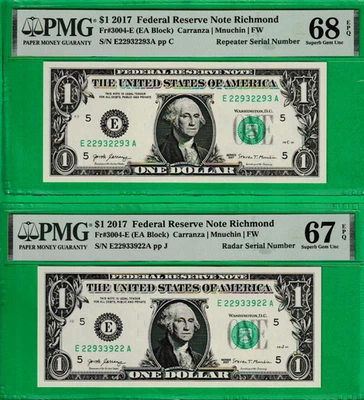 $1  Federal Reserve Notes RADAR & REPEATER Serial 2293-2293 & 2293-3922 PMG 68 - Image 1 of 2