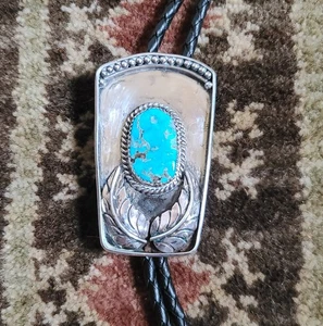 Large VTG Native American Sterling Silver Turquoise Western Bolo Bola Tie 34" - Picture 1 of 17