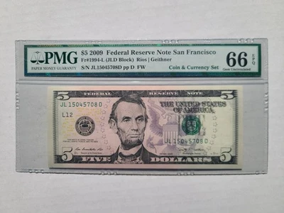 2009 $5 Federal Reserve Note San Francisco Graded PMG 66 Gem Uncirculated - Image 1 of 4