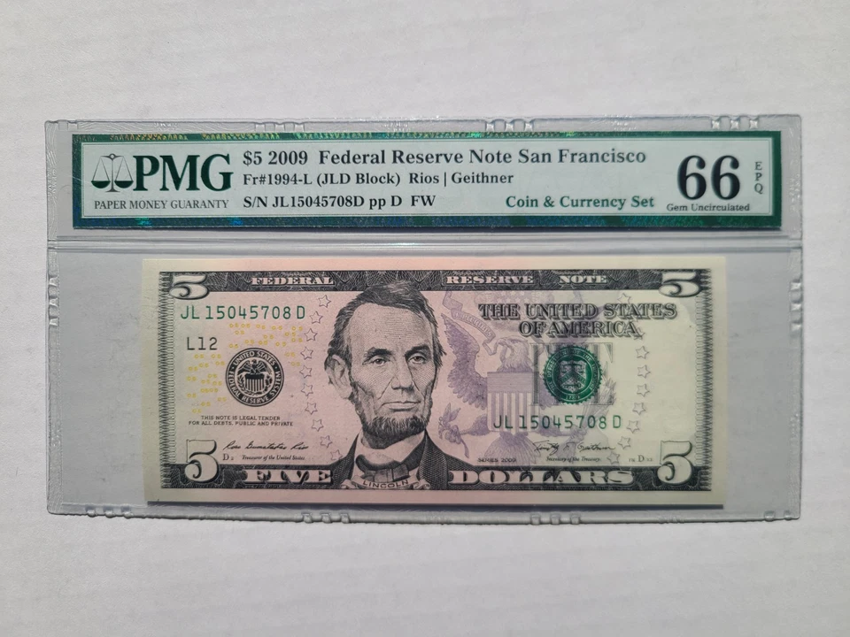 2009 $5 Federal Reserve Note San Francisco Graded PMG 66 Gem Uncirculated - Image 1 of 4