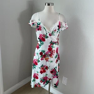 NEW Express Womens 14 Floral Wrap Dress Lace Accent Knee Length - Picture 1 of 12