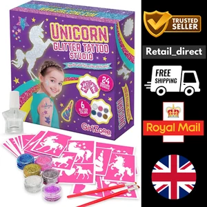 Unicorn Glitter Tattoo Kit for Girls – 24 Stencils 6 Colours Kids Gift Set - Picture 1 of 10
