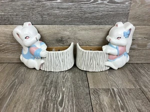 Rabbit Bunny Wall Pocket Wall Hanging Easter Burwood 1990 Set Of 2 - Picture 1 of 12