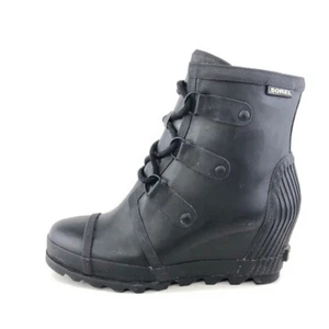 Sorel Joan Rain Waterproof Wedge Ankle Boots Womens Size 11 Black Rubber Lace up - Picture 1 of 14