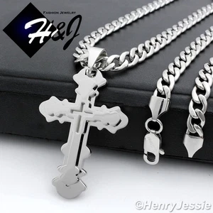24"MEN Stainless Steel 6mm Silver Cuban Curb Chain Necklace Cross Pendant*P76 - Picture 1 of 5