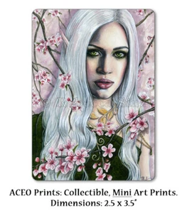 Fantasy Art ACEO PRINT Elf Fairy Cherry Blossoms Pink Spring Woman Pretty Green - Picture 1 of 3