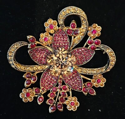 Broche prendedor Avon 2006 pedrería rojo rubí y ámbar en oro 35 aniversario 3"" Foto 1 de 4