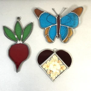 3 Vintage Leaded Stained Glass Sun Catchers Butterfly Heart Dried Flowers - Picture 1 of 7