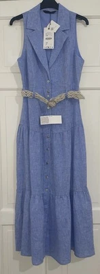 ZARA BLUE COLLARED LINEN BLEND SLEEVELESS MIDI SHIRT DRESS WITH BELT SIZE S BNWT - Image 1 of 4