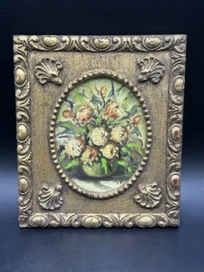 Antik signiert vom Künstler Original Ölgemälde Stillleben Blumen gerahmt 7x6" - Bild 1 von 5