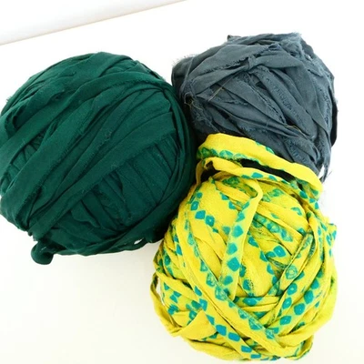 Recycled Sari Silk Ribbon Yarn Approximately 200 yds in 3 balls Green Yellow - Image 1 of 4