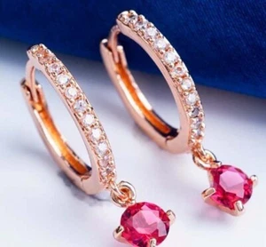 0.50ct Diamante Redondo Natural 14k Oro Rosa Rubí Aniversario Boda Aro Pendiente - Imagen 1 de 3