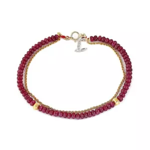 Ruby Beads Bracelet 18k Solid Gold "L" Initial Diamond Pave Handmade Fine Gift - Picture 1 of 6