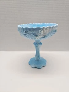 Fenton Glass Blue Marble Cabbage Rose 7.5" Tall Footed Comport Bowl Compote 9222 - Picture 1 of 10