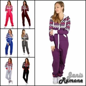 Neu Damen aztekisch Drucken Kapuze Vlies Jumpsuit Zip Up Strampelanzug Playsuit - Bild 1 von 8