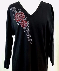 S M L oder XL Strass Bling Trailing Rot & Kristall Rosen Top Shirt - Bild 1 von 3