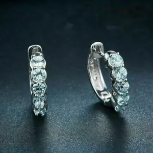 2Ct Round LabCreated Aquamarine Huggie Hoop Women Earrings 14K White Gold Plated - Picture 1 of 10