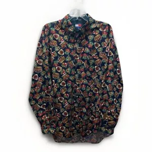 Rare Vintage TOMMY HILFIGER Shield Lion All Over Print Button Front Shirt 90s XL - Picture 1 of 6