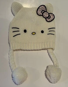 Hello Kitty Girls Sz4-14 White Pink Bow Cable Knit Beanie Hat Cap w/Hanging Poms - Picture 1 of 6