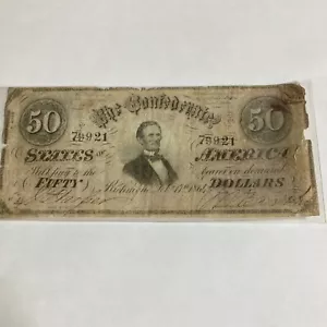 1864 $50 Dollar Bill Confederate States of America CSA Note - Picture 1 of 5