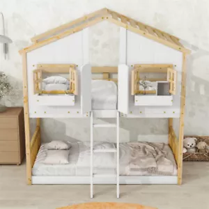 Twin Over Twin House Bunk Bed with Roof ,Window Door ,Safety Guardrails & Ladder - Picture 1 of 19