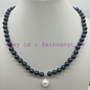 Delicate 8mm Black Shell Pearl Round Beads & 12mm White Pendant Necklace 18"