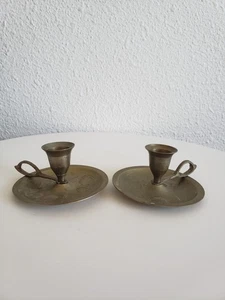 2 Brass Candlestick Handled Holders Embossed Metal India - Bild 1 von 13