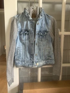 American Eagle Hybrid Denim Jean Jacket Women Sz M Blue Stretch Hooded - Picture 1 of 13