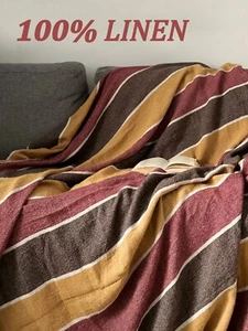 large 100% linen flax blanket bedspread coverlet striped earthy natural tones - Picture 1 of 12