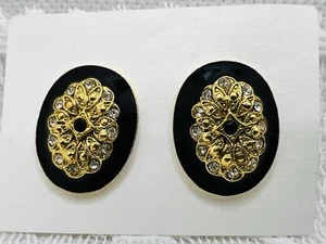 1928 Brand Pierced Earrings Rhinestone Black Enamel Drop Gold Tone .75 inch - Picture 1 of 8