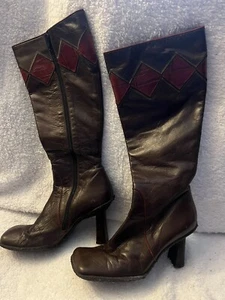 Vintage Hugo Boss Italian Brown Red Leather Knee Boots Fab Heel Zip UK 4 EU 37 - Picture 1 of 15