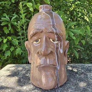 Dal Burtchaell Brown Glazed Folk Art Pottery Face Jug | 9.75" x 6" - Picture 1 of 6