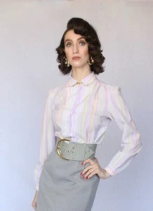 Vintage 1970s Secretary Blouse Size 14 Pykettes Pastel Pinstripes Classic - Picture 1 of 5