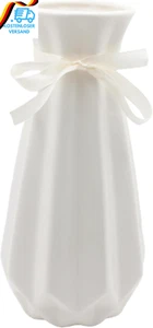 Vase Weiß 20Cm Hoch Glasur, Blumenvasen Modern Aus Keramik Mit Farbband, Deko Va - Bild 1 von 12
