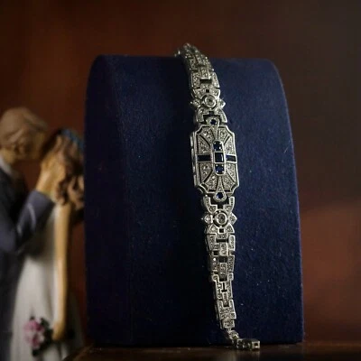 Armband Silber Antik Kunst Deko Cz Blau Vintage 1920s Stil Ehe SC11 - Bild 1 von 4