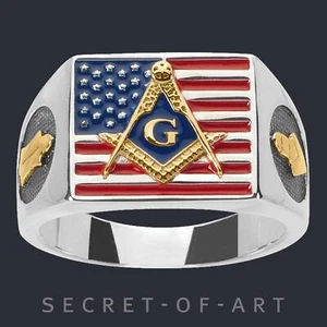 Masonic Ring Silver 925 America USA Freemason Signet Master Mason Gold Plated - Picture 1 of 12