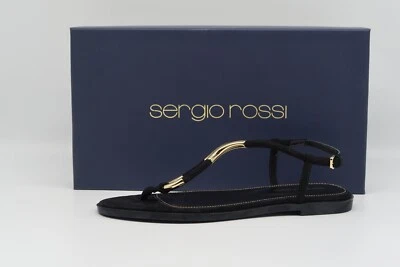 SERGIO ROSSI Twist Gold Tone Suede Black Flat Sandal Size EU 36 / US 6 NEW $595 - Image 1 of 4