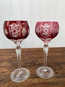 2 Cut to Clear Crystal RUBY RED Pinkish Hock Wine Glass 8.25” Hungary - Picture 1 of 11