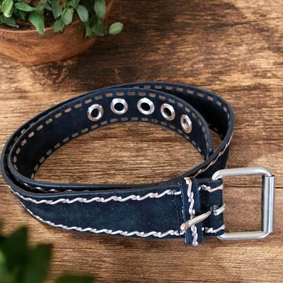 Suede Leather Belt Black w Silver Trim Y2K Goth Punk Indie Emo Unisex XL - Image 1 of 4