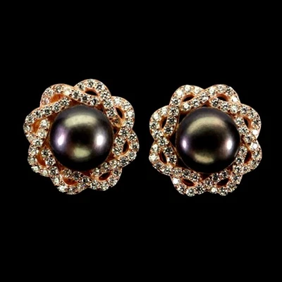 925 Sterling Silver Earrings Round Black Pearl 8mm Natural Flower Jewelry - Image 1 of 4
