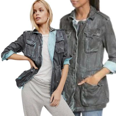 Free People女式中号灰色蓝色波西米亚口袋双布军装夹克 — 第 1/4 张图片