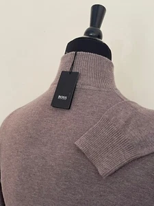 Unisex Hugo Boss Pullover M size Brown Gray Taupe Wool Half Zip Buttons Sweater - Picture 1 of 7