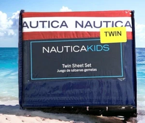 Nautica Kids Twin Size Bed Sheet Set Nautical Red White Blue Boys Bedding 3Pc - Picture 1 of 2