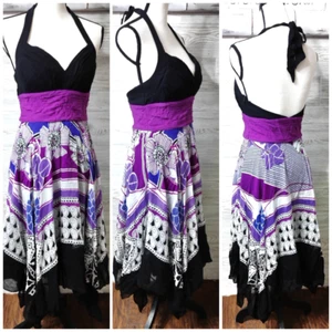 Y2k Halter Dress 4 Sangria Silk Babydoll Fairy Hanky bottom Black purple Vtg - Picture 1 of 20